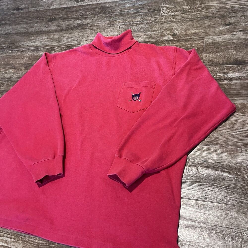 VINTAGE Polo Ralph Lauren Shirt Men XL Red Turtleneck Shield Mock Neck Pocket
